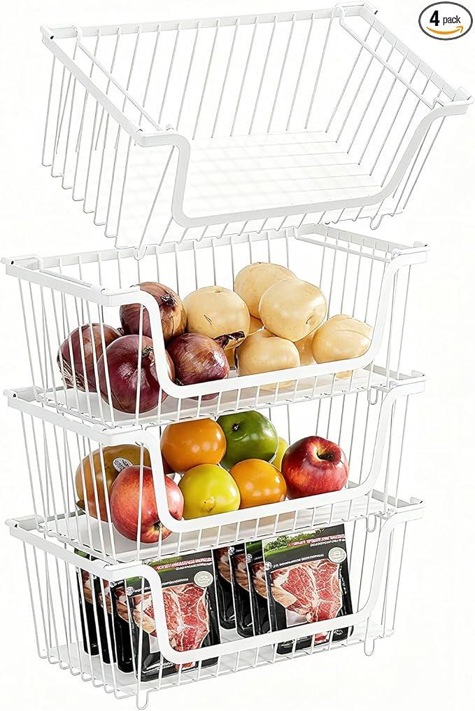 GAOKASE 4 Pcs Stackable Wire Baskets for Pantry Organizers and Storage,Vegetable Fruit Basket for Countertop,Kitchen Storage Metal Baskets,Produce Potato Onion Storage Bin,White