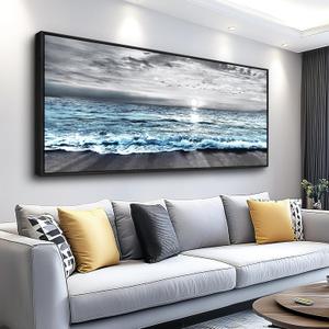 Wapluam Large Wall Art For Living Room Wall Decor For Office Black And White Painting Bedroom Wall Decorations Blue Sea Wave Pictures Artwork For Modern Black Framed Beach Canvas Prints Poster (72"L x 32"W)