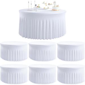 6 Pack White Round Spandex Tablecloths for 60in Tables, Wrinkle Free Stretchy 120inch Fitted 5FT Round Table Cloths Cover with Skirt for Wedding Party Dining Banquet Events (60inch(6pack))