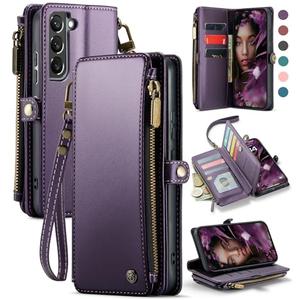 Defencase Compatible with Galaxy S21 FE 5G Case Wallet with RFID Blocking Card Holder for Women Men, PU Leather Magnetic Snap Flip Zipper Strap Phone Case Fit for Samsung Galaxy S21 FE 5G, Purple