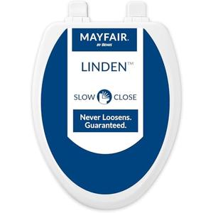 Mayfair Linden Slow Close Toilet Seat, Non Slip Heavy Duty Wood, Easy Install, Elongated, White
