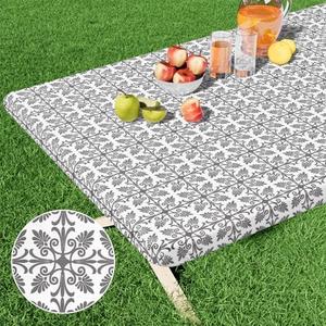 misaya Rectangle Vinyl Table Cloth, Elastic Fitted Flannel Backed Tablecloth, 100% Waterproof Plastic Table Cover Fits 6 Foot Folding Tables for Picnic, Camping, Outdoor (Grey, 30" x 72")