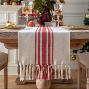 Christmas Table Runner 13 x 60 Inch for Dining Table, Boho dcor Coffee Table Runner with Handcrafted Tassels, red and Beige Stripe Table Runner for Holiday, Winter