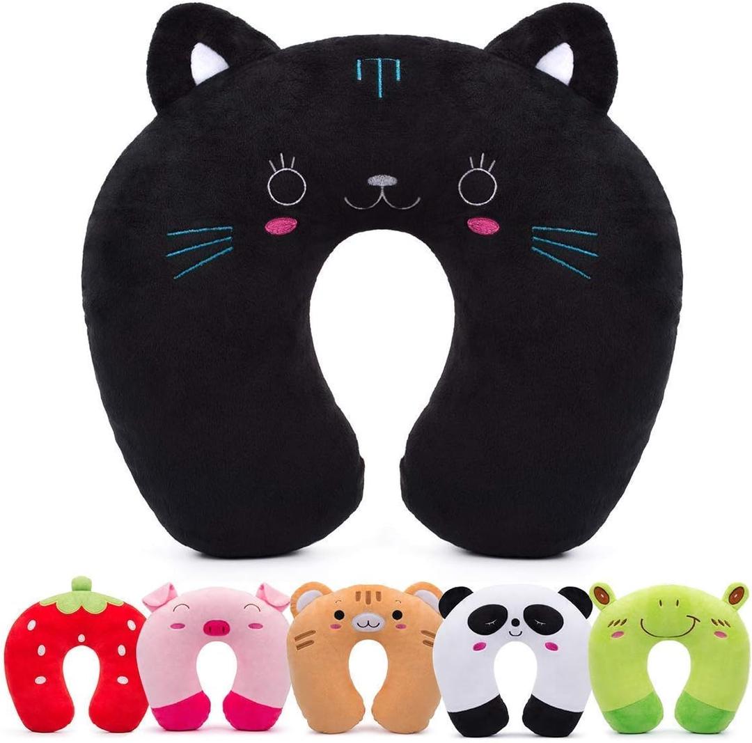 H HOMEWINS Travel Pillow for Kids,Cute Animal Neck Pillow for Boys Girls,Soft Neck Head Chin Support Pillow,Travel Accessories for Airplane, Car, Train,Recline (Black cat)