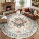 8ft Round Rug, Area Rugs 8ft, Washable Rug, Non-Slip, Rugs for Living Room for Bedroom, Circle , Vintage Rugs Boho Floral Medallion, Low Pile, Soft, Beige Dark Blue Navy Red