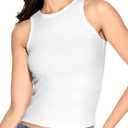 Tank Top with Built in Bra for Women Padded Ribbed Casual Sleeveless Camisole Long Crop Top (Large, White)