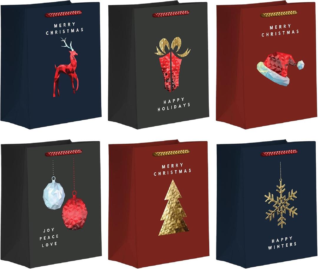 easykart labels 12 Pack 6" Small Christmas Gift Bags, Foiled & Laminated Holiday Gift Bags,(6 Designs - 2 PCs Each) for Gift Wrapping Christmas Party Decorations