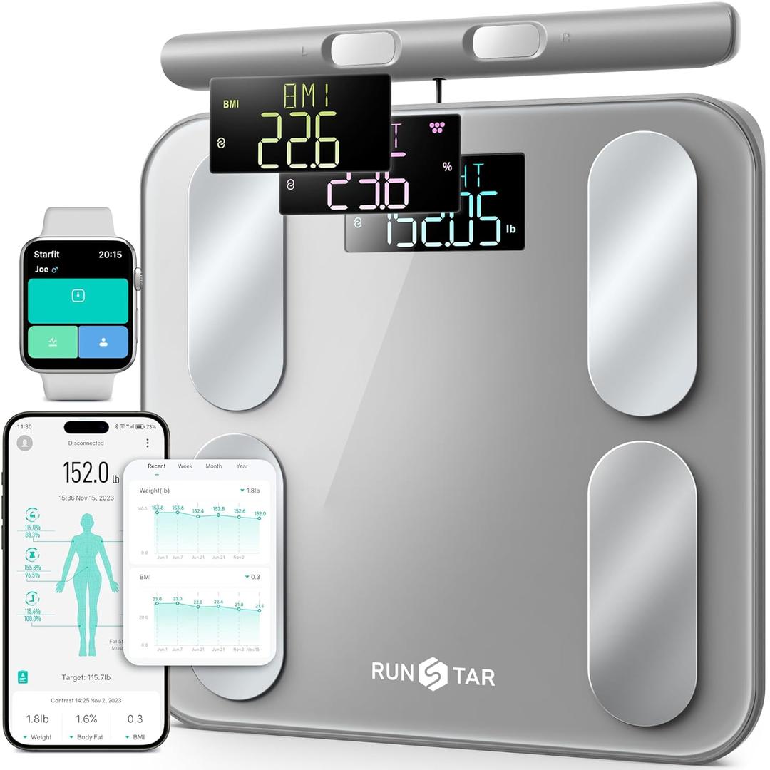 RunStar Digital Bathroom Scale for Body Weight, Body Fat, BMI 28 Measurements, Innovative 8-Electrode Smart Scales FSA&HSA Eligible with Voice Prompt Function High Accurate Bluetooth Weight Machine (12"/300mm, Grey)