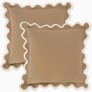 MIKI WELL 16x16 inch Square Pillow Covers Scalloped, Set of 1 Cute Decorative Pillows, Living Room Sofa Bedroom Soft Cotton Linen Cushion PillowCovers (Beige Brown)