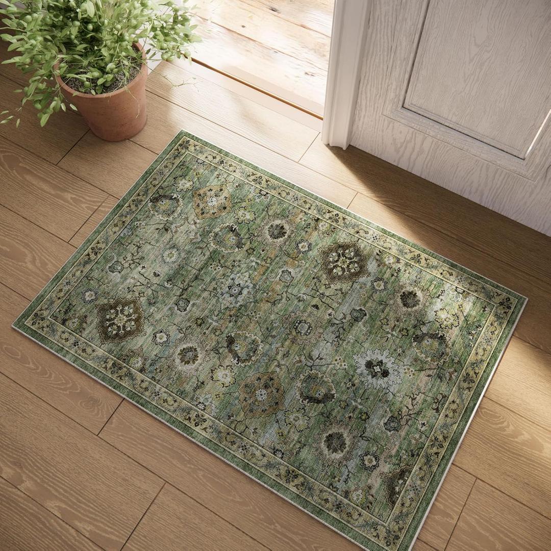 Machine Washable Small Rugs for Kitchen: Door Mat Indoor Entrance 2x3 Throw Rug Stain Resistant Non-Slip Low Pile Soft Carpets for Entryway Front Door Indoor Entrance Entry Bedroom (Green and Beige)