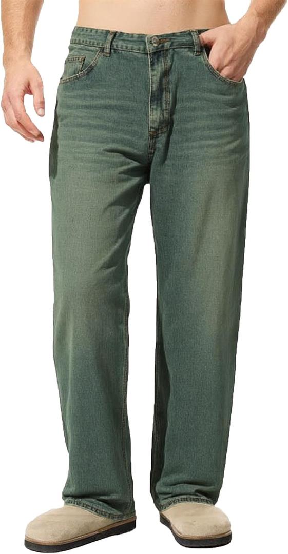 TEGIAS Men's Slim Straight Fit Jeans Wide Leg Jeans Comfort - Classic Denim Pants，Green 34