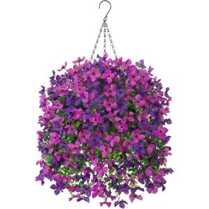 INXUGAO Artificial Hanging Flowers Plants with Basket for Outdoors, Realistic Faux Silk Daisy Flower Eucalyptus for Spring Decor, UV Resistant Fake Plants for Porch Patio Yard Balcony, Violet