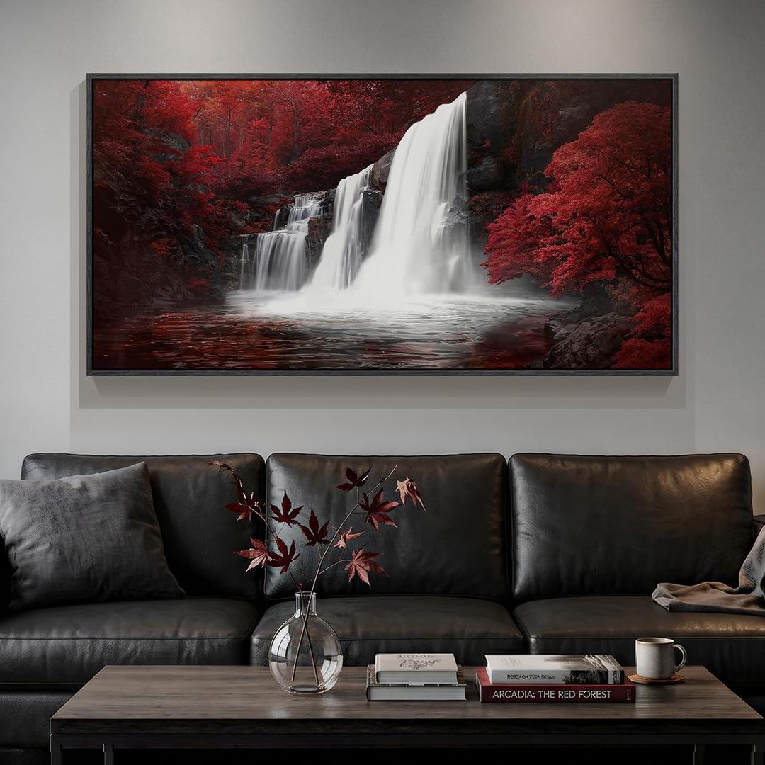 Framed Burgundy Landscape Waterfall Wall Art for Living Room, Extra Large Red and Black Scenery Artwork for Walls, Horizontal Canvas Prints Pictures Dining Room Bedroom Hallway Wall Decor, 60x30 Inch