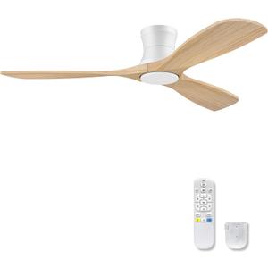52" Flush Mount Ceiling Fans with Lights and Remote,6 Speeds DC Reversible,Dimmable,Noiseless,White& Light Wood blades Low Profile Ceiling Fans for Bedroom Living Room Patio,Modern Indoor/Outdoor, 52-Remote Control