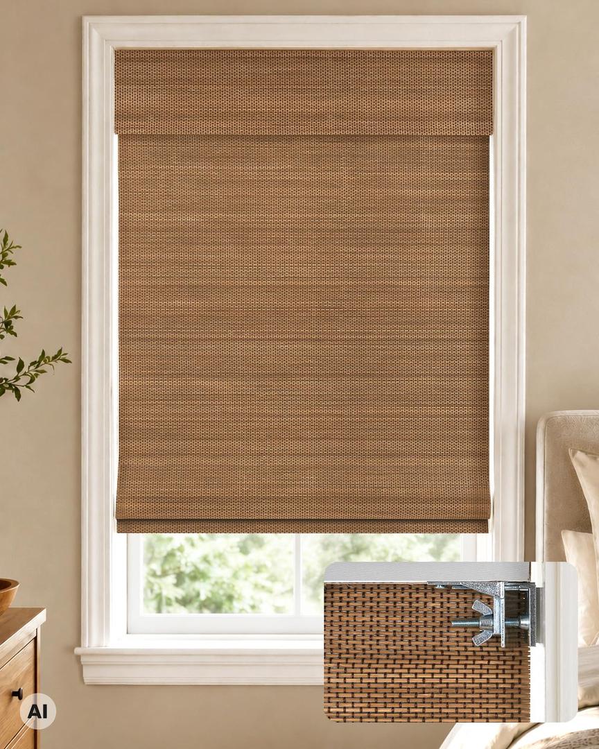 LazBlinds 100% Blackout No Drill Bamboo Roman Shades, Cordless Bamboo Blinds for Indoor Windows, Room Darkening Shades for Home & Patio, Thermal Insulated, Acron, 27" W x 64" H