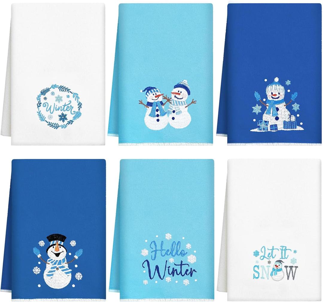 Geyoga 6 Pcs Christmas Hand Towels Snowman Embroidered Blue Rustic Bathroom Towels for Winter Xmas Bathroom Kitchen Farmhouse Decor Gifts, 13.8 x 23.6 Inch