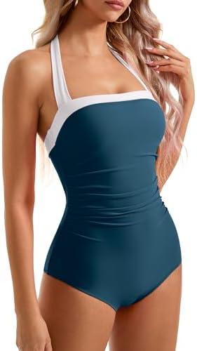 SUUKSESS Women Sexy Tummy Control One Piece Swimsuit Halter Retro Bathing Suit L