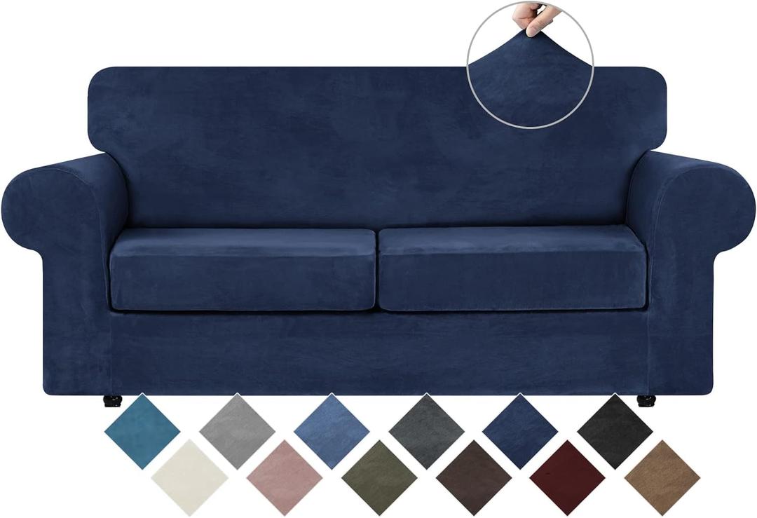 WEERRW Velvet Couch Covers for 2 Cushion Couch Sofa - High Stretch Luxury Velvet Plush 3 Pieces Sofa Slipcovers with Elastic Bottom, Furniture Protector for Pets, Machine Washable, Navy Blue, Medium