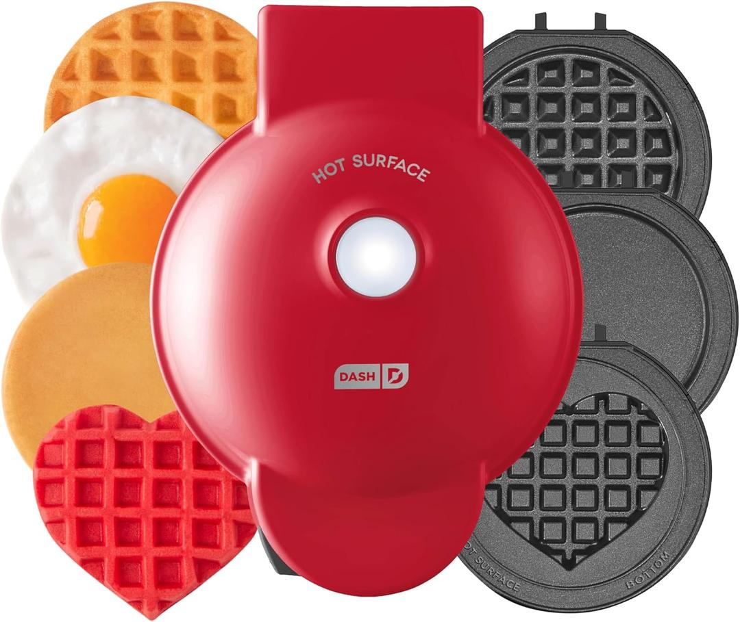 DASH Multimaker Mini System - Waffle Maker with Five 4 Removable Plates: Waffle Iron & Griddle, 3-in-1 Mini Waffle Maker for Kids and Families  Nonstick Surface, Just Add Batter (Red)