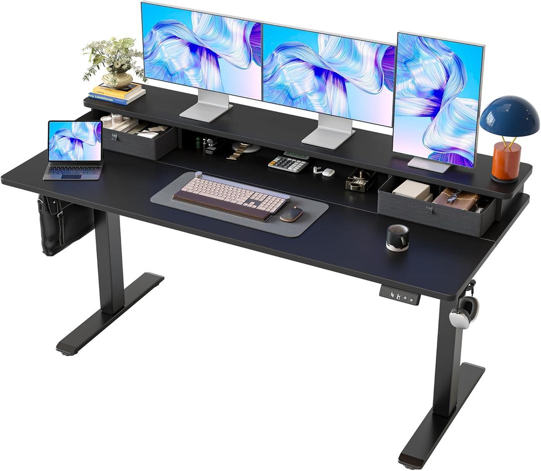 TIQLAB Standing Desk with Two Drawers, Stand Up Standing Desk Adjustable Height, Electric Sit Stand Table with Storage Shelf and Splice Board, 63 * 24 inch, Black