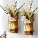 Anna's Whimsy 2PACK Mason Jar Sconce Wall Decor Rustic with Remote Control LED Fairy Lights - Artificial Flowers Spring Decorations for Home Bedroom Farmhouse(White Rose) (Pumpkin Fruit)