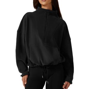 QINSEN Women Half Zip Fleece Sweatshirt Mock Neck Long Sleeve Winter Cozy Sherpa Pullover Sweater Tops (X-Large, Black)