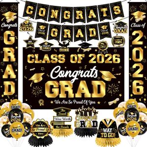 Graduation Decorations 2026 Black and Gold Party Decor Set include Congrats Grad Banner Graduation Backdrop Class of 2026 Balloons Party Supplies