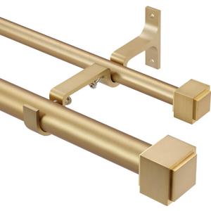 Double Curtain Rods with Square Heavy Duty Aluminum Alloy Finials - 72-144' Telescoping Rods, 1 Inch Front and 5/8 Inch Back - Warm Gold