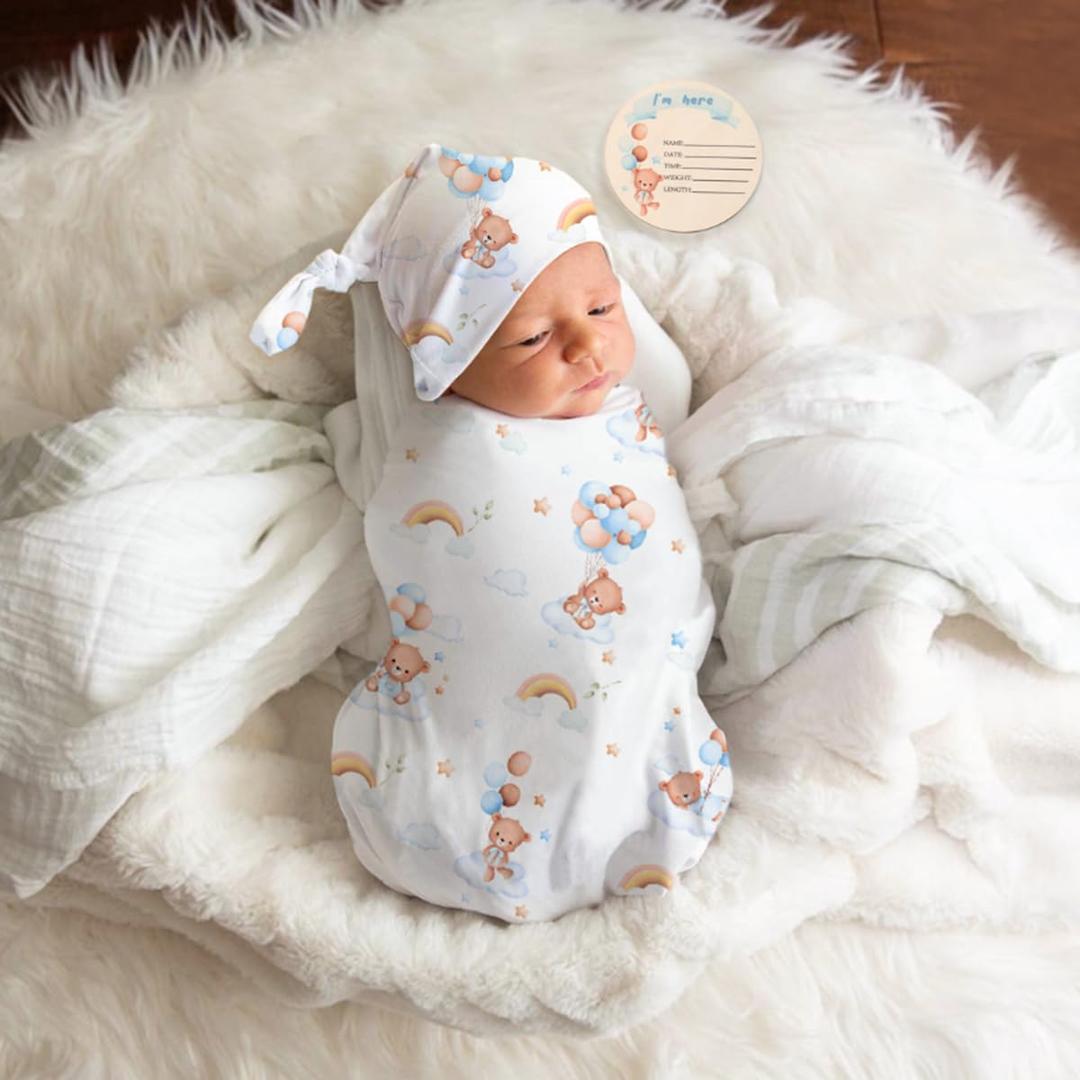Ylsteed Baby Swaddle Blanket and Headband Set, Newborn Receiving Blanket Swaddle Wrap for Girls and Boys, Swaddling Blankets Neutral for Newborn Soft and Skin-Friendly 32 * 32 inchesBear Pattern