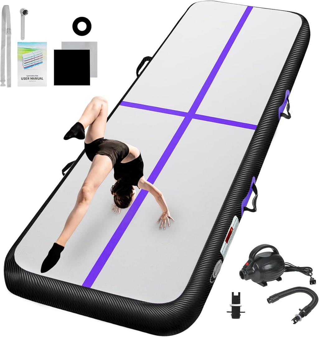 Inflatable Gymnastics Mat 10ft/13ft/16ft/20ft/ Air Tumbling Track Mats 4/8 inches Thick for Home Use/Training/Cheerleading/Yoga/Water with Pump (10ft x 3.3ft x 4inch(3m x 1m x 10cm), Black Purple)