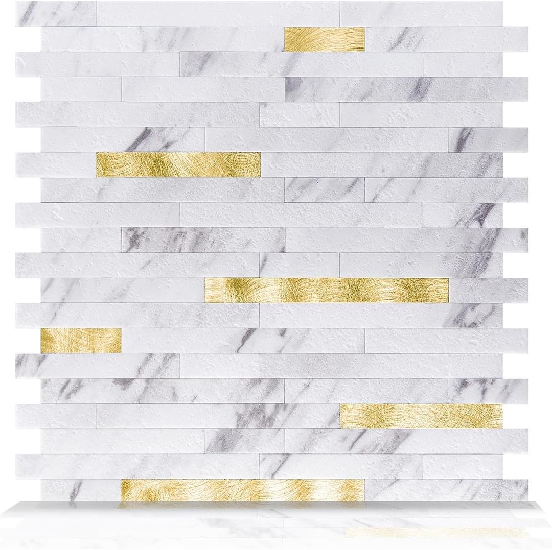 Art3d 10-Sheet Peel and Stick Stone Overlay Kitchen Backsplash Tile - Volakas White Embellished with Metal Gold (11.7" x 12")