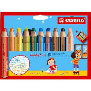 STABILO Multi-Talented Pencil woody 3 in 1 - Pack of 10 - Assorted Colors with Sharpener