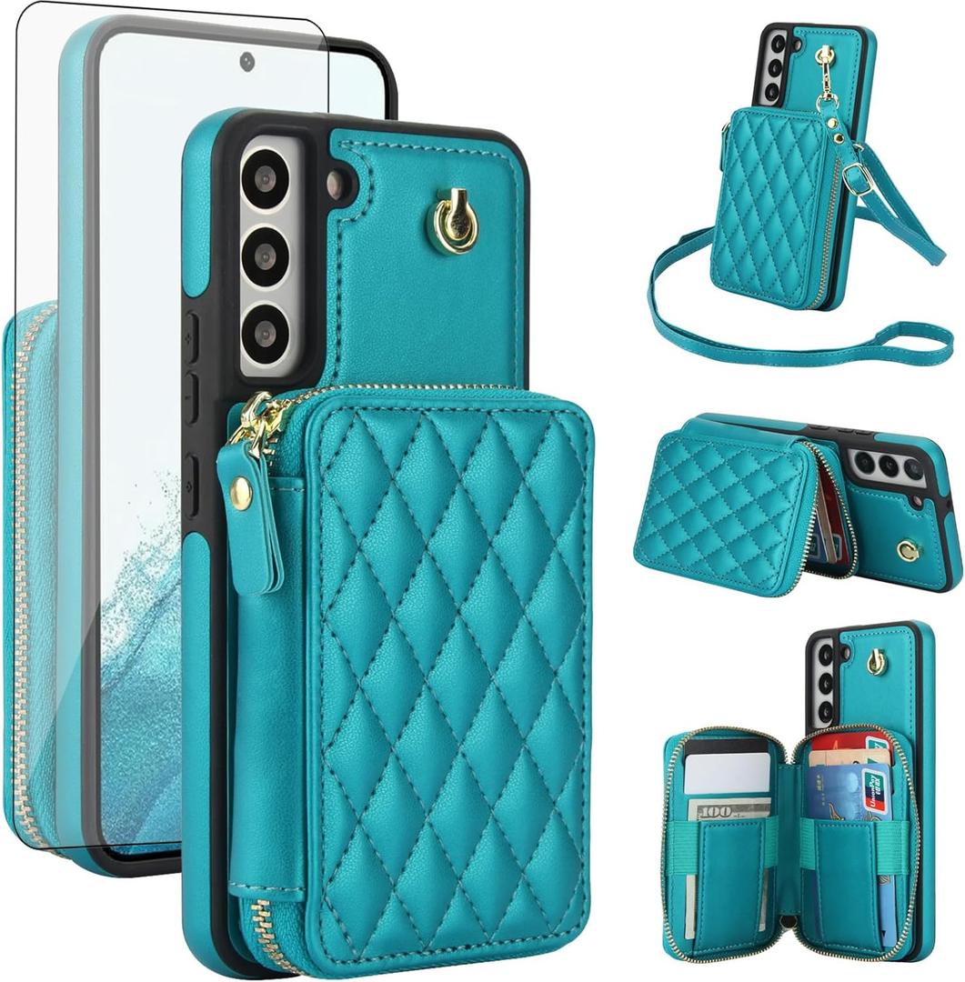 Phone Case for Samsung Galaxy S22 5G Wallet Cell Cover with Tempered Glass Screen Protector Wrist Crossbody Strap Stand RFID Blocking Credit Card Holder Slot S 22 22S 4G G5 6.1 inch Women Girls Green