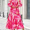 PRETTYGARDEN Women's Floral Midi Dress Casual Fall V Neck Long Sleeve Flowy Spring Beach Wedding Guest Vacation Dresses (Pink, XXL)