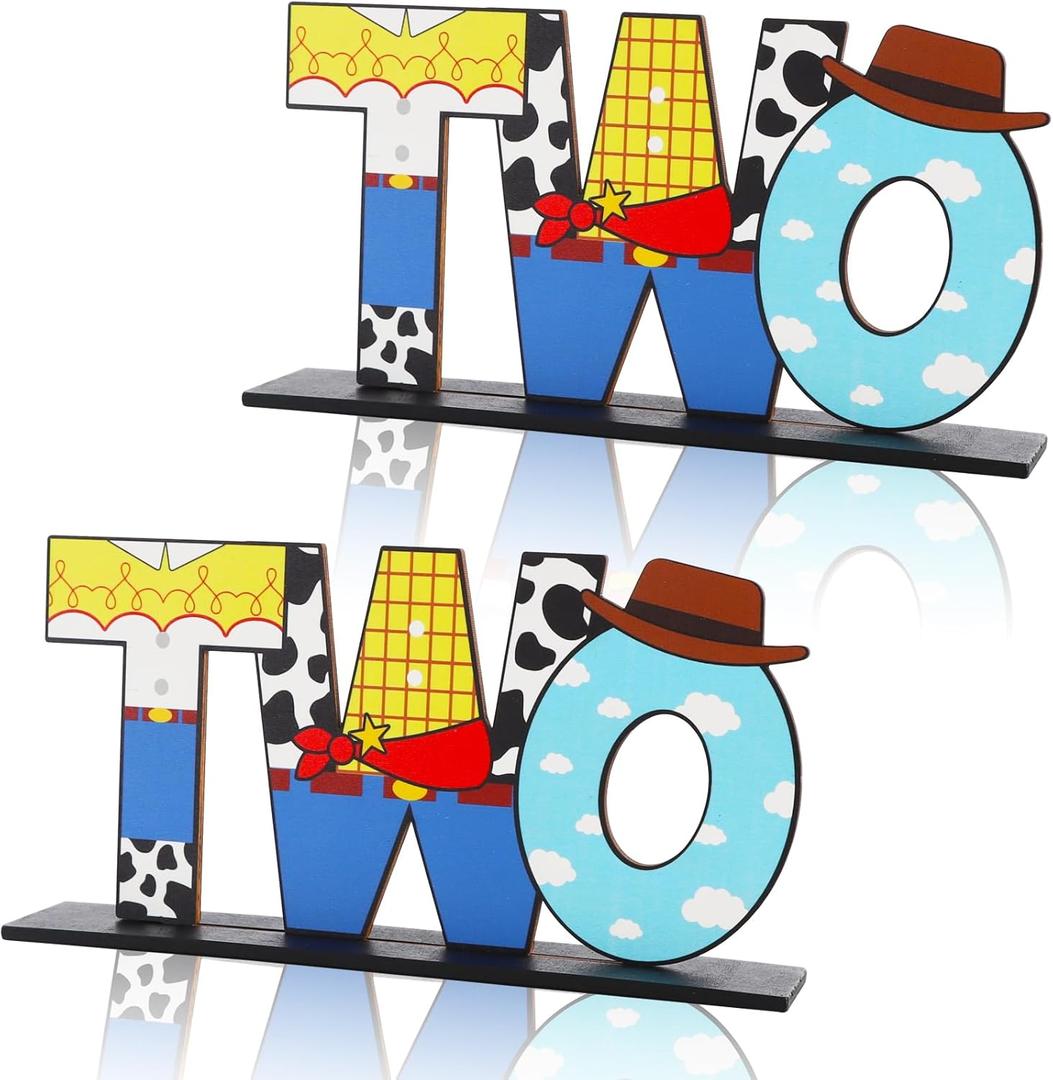 Cowboy Letter Two Sign Table Centerpieces for Toy Theme,2nd Birthday Decorations for Boys,Cartoon Theme Two Year Old Birthday Supplies Favors,Toy Party Decorations Photo Booth Props(2 Set)
