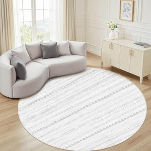 Round Rug Boho Area Rugs: 8x8 Washable Large Circle Neutral Soft Stain Resistant Non-Slip Carpet for Women Aged 25-45 Farmhouse Home Decor Enthusiasts - Living Room Bedroom Dining Room Nursery