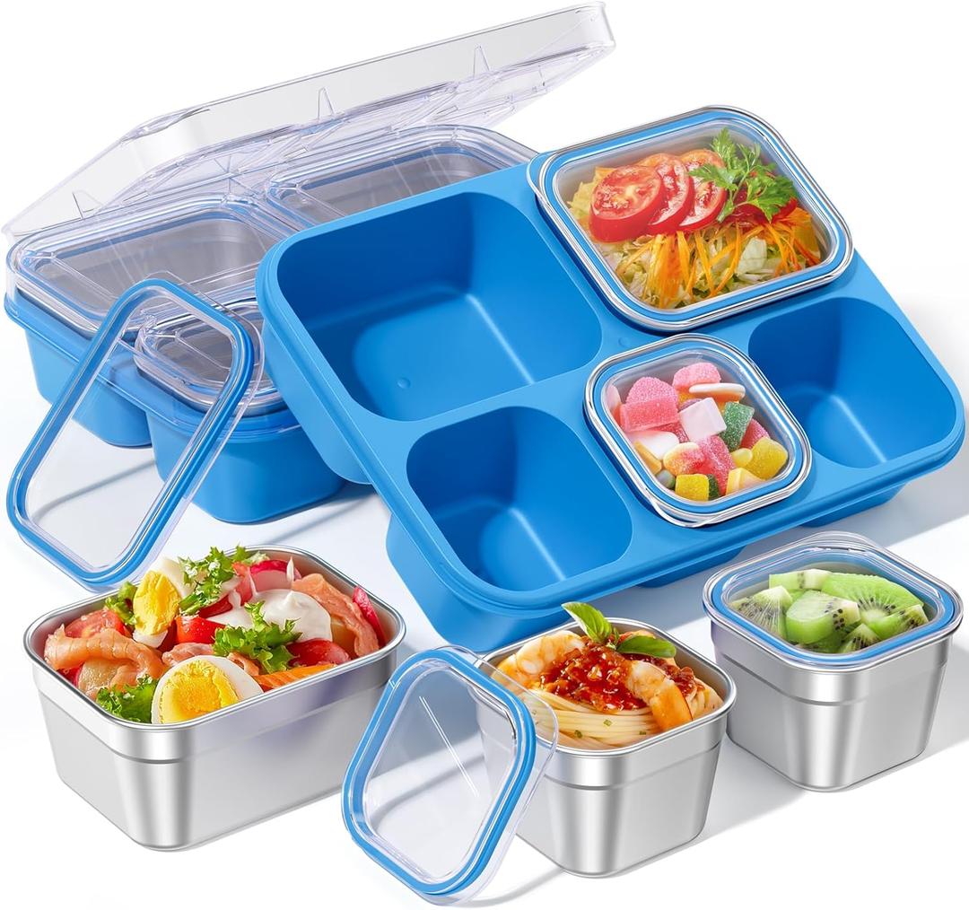 BiuLeon Snackle Box Containers, Stainless Steel 5 Compartments Divided Serving Tray with Lid, Removable LeakProof Portable Bento Box for Fruit Candy Nuts Food - School, Picnic and TravelBlue