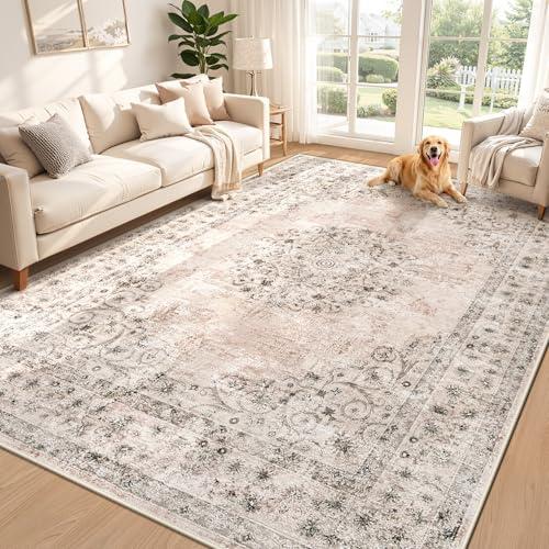 Area Rug 6x9 Vintage Rug: Washable Indoor Medallion Rugs Low Pile Distressed Floor Carpet Retro Accent Rug for Living Room Bedroom Kitchen Dining Table Home Office(Distressed Brown, 6'x9')