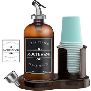 Amber Glass Mouthwash Dispenser with Cup Holder for Bathroom, 16oz Refillable Mouthwash Bottles Container with Tray, Funnel and 2 Waterproof Labels