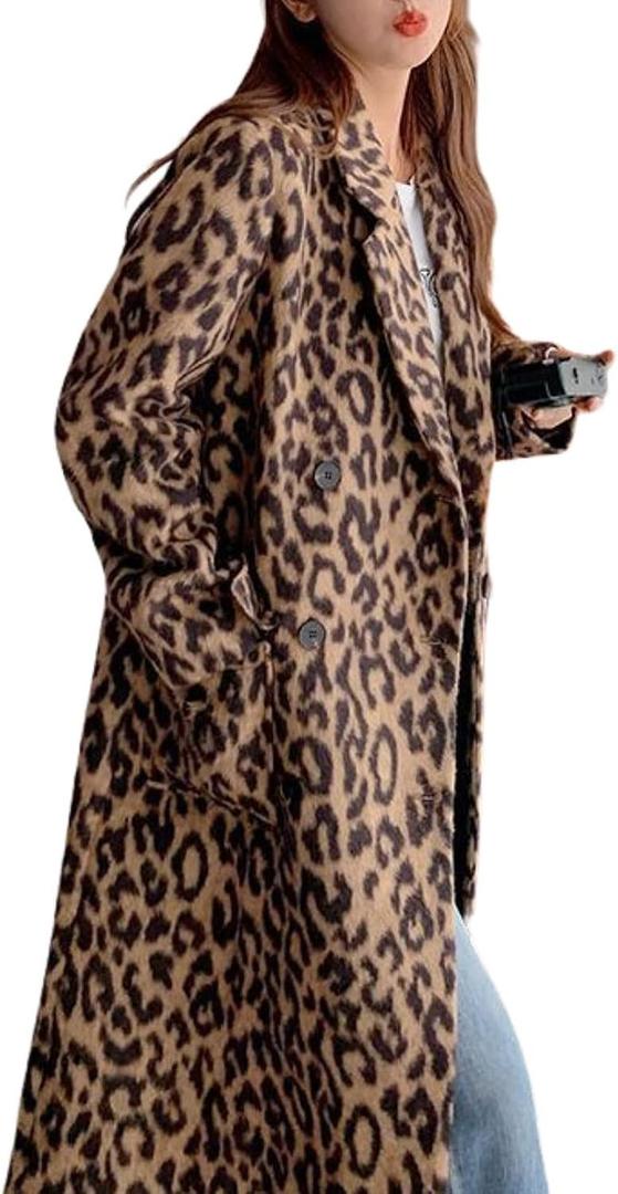 Utcoco Womens Leopard Long Wool Trench Coat Notched Lapel Double Breasted Pea Coat Winter Warm Overcoat (Small)