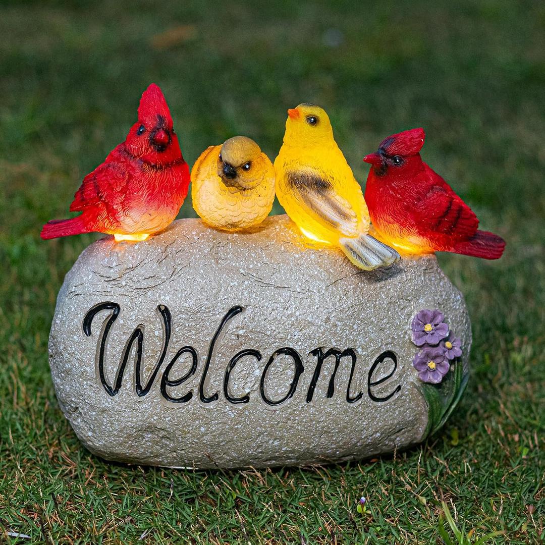 Solar Garden Statues Outdoor Decor, Welcome Sign Garden Sculptures Statue Novelty Birds Figurine Decoration for Patio Yard Porch Art Home Decor (Red-yellow)