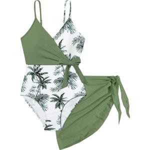 Girls Swimsuit One Piece Bathing Suit Tropical Floral with Adjustable Straps Girls'Swimwear with Cover Up 9-16T (15-16 Years, White+green)