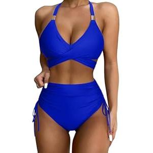 SUUKSESS Women's High Waisted Bikini Sets Tummy Control Drawstring Tie Knot Swimsuit 2025 Two Piece Wrap Push Up Bathing Suit(Royal Blue X-Large)
