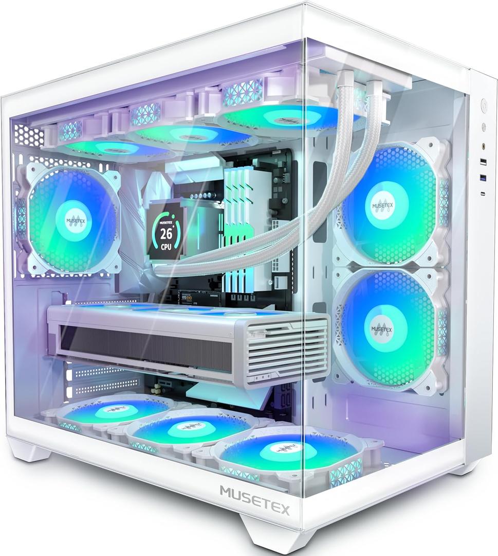 MUSETEX ATX PC Case, 6 PWM ARGB Fans Pre-Installed, 360MM RAD Support, Type-C Gaming PC Case, 270 Full View Tempered Glass Mid Tower, Pure White ATX Computer Case,Y6