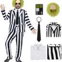 7 Pcs Horror Movie Costume Men Black and White Striped Suit Adult Horror Comedy Character Cosplay Outfit with Wig (Large)