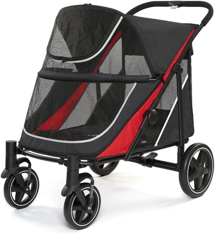 Large Dog Stroller-4 Wheel Pet Strollers for Medium Dogs or 2 Dogs- One-Click Foldable - Large Breathable Mesh & Sunroof - All Terrain Pet Stroller for Medium Senior Dog up to 88 lbs (Black-Red)