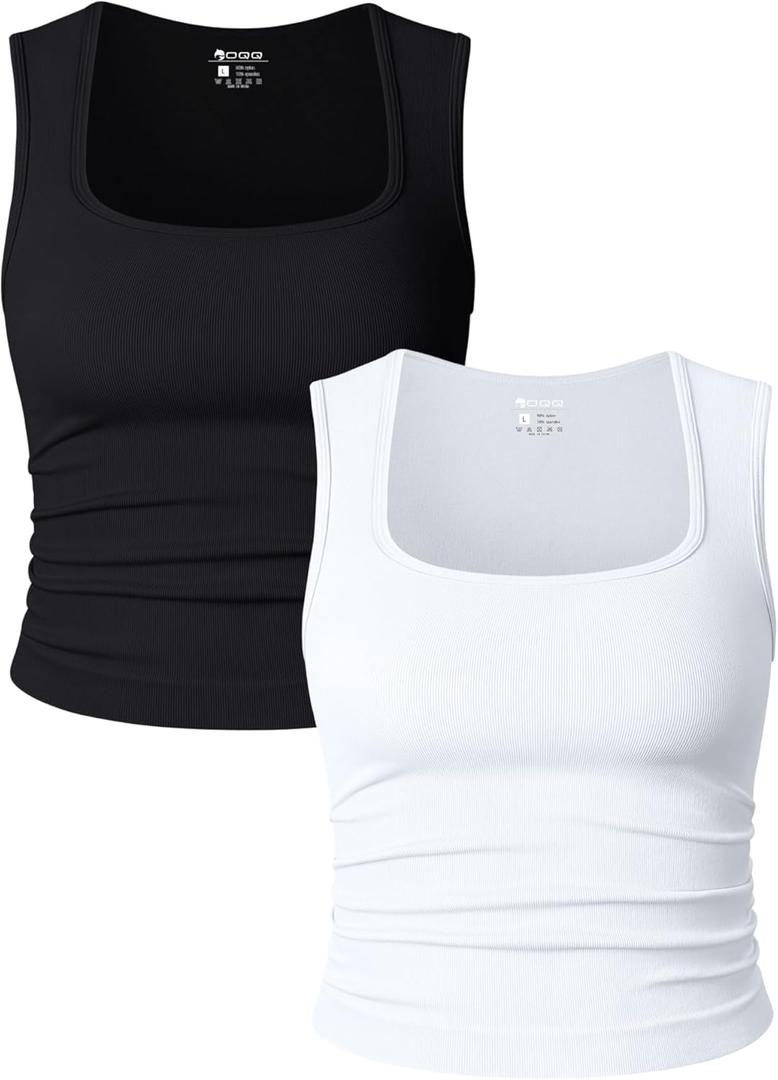 OQQ Womens 2 Piece Crop Tops Rueched Sleeveless Square Neck Stretch Basic Tank Shirts (X-Large, Black,white)