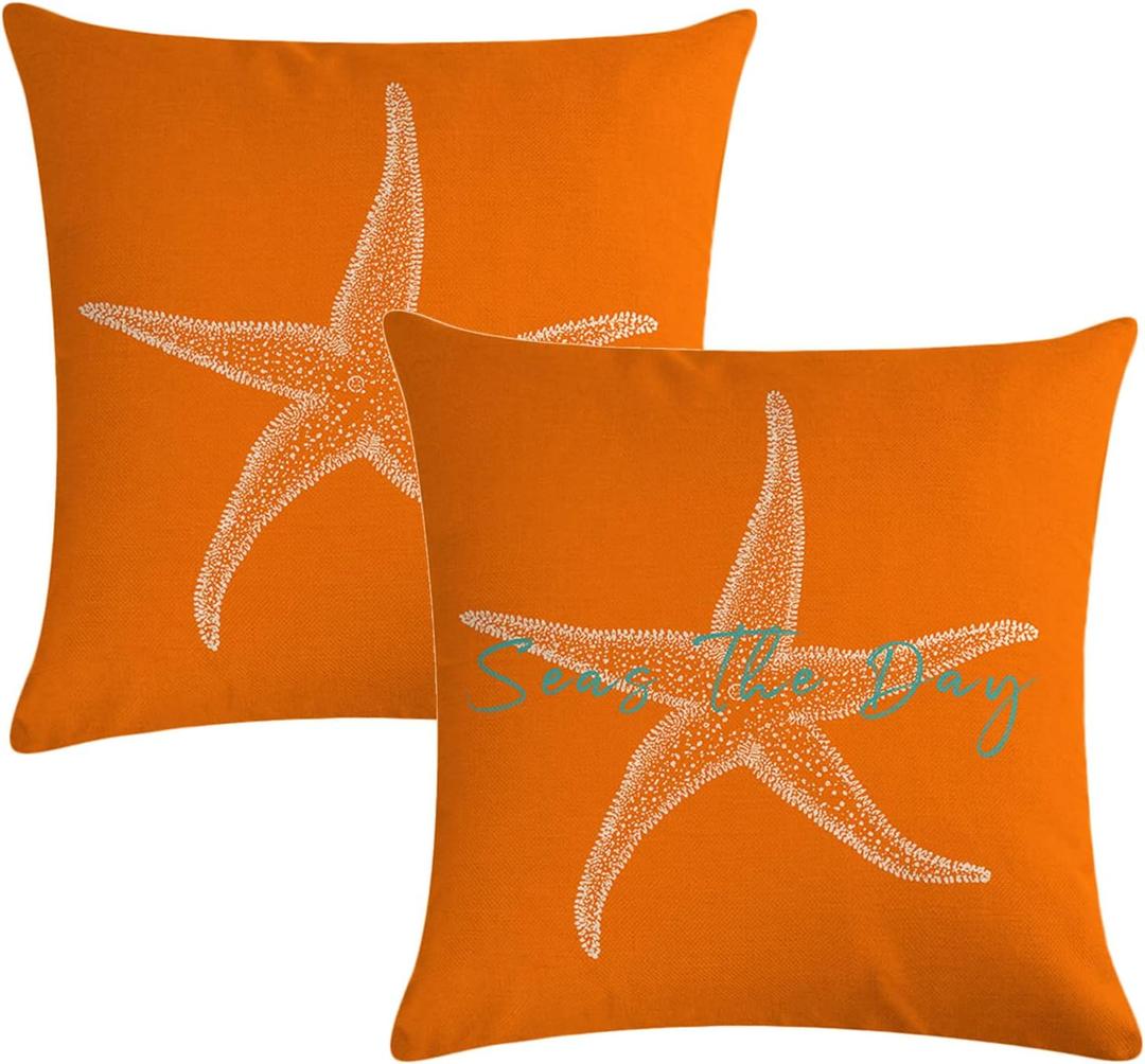 7COLORROOM Set of 2 Seas The Day Throw Pillow Cover Beach Starfish On Orange Background Cushion Cover Coastal Sea Theme Home Decorative Pillowcases 18" x 18" for Sofa Couch Porch(18" x 18", Orange)