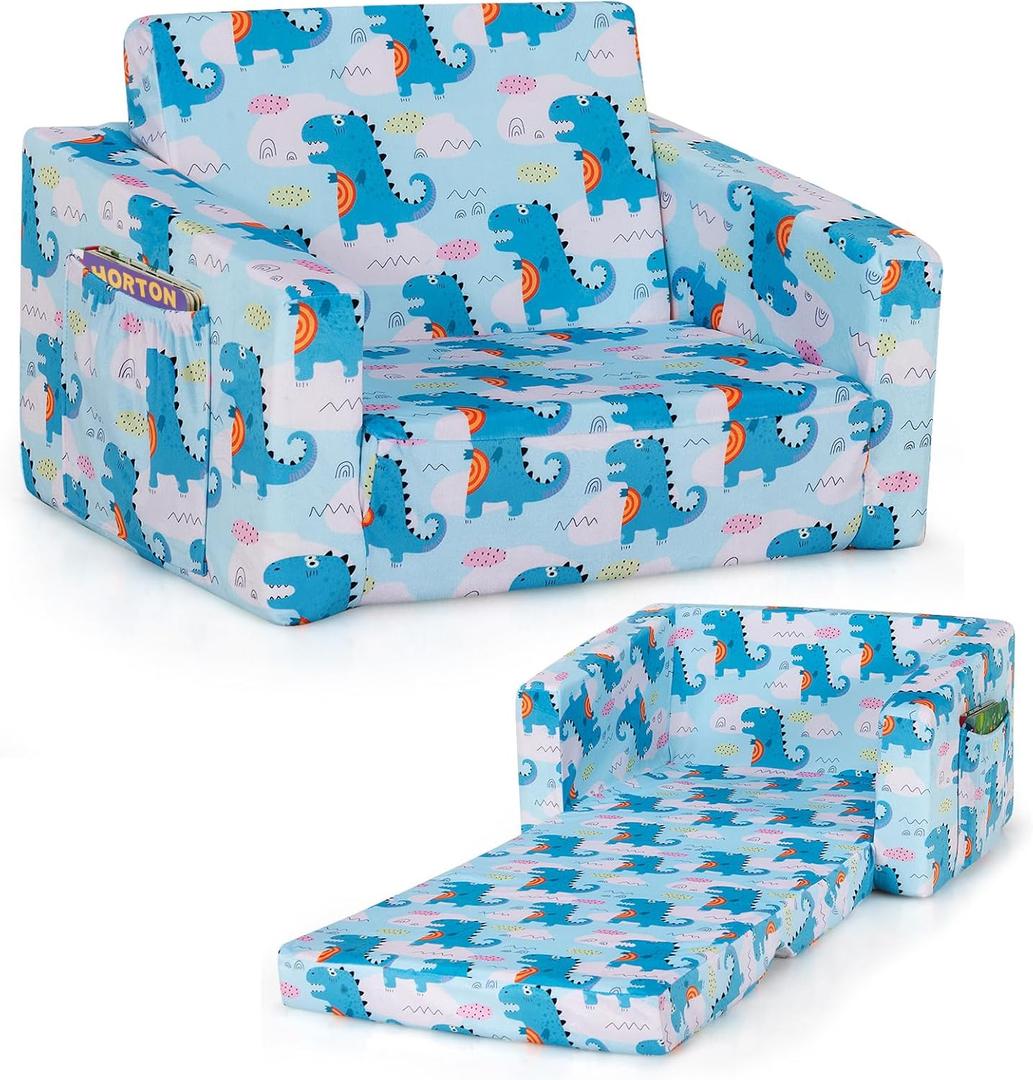 Kids Sofa, 2-in-1 Convertible Sofa to Lounger for Children with Side Storage Pocket, Flip Open Couch with Cut Patterns, Lightweight Toddler Furniture for Boys Girls (Dinosaur)