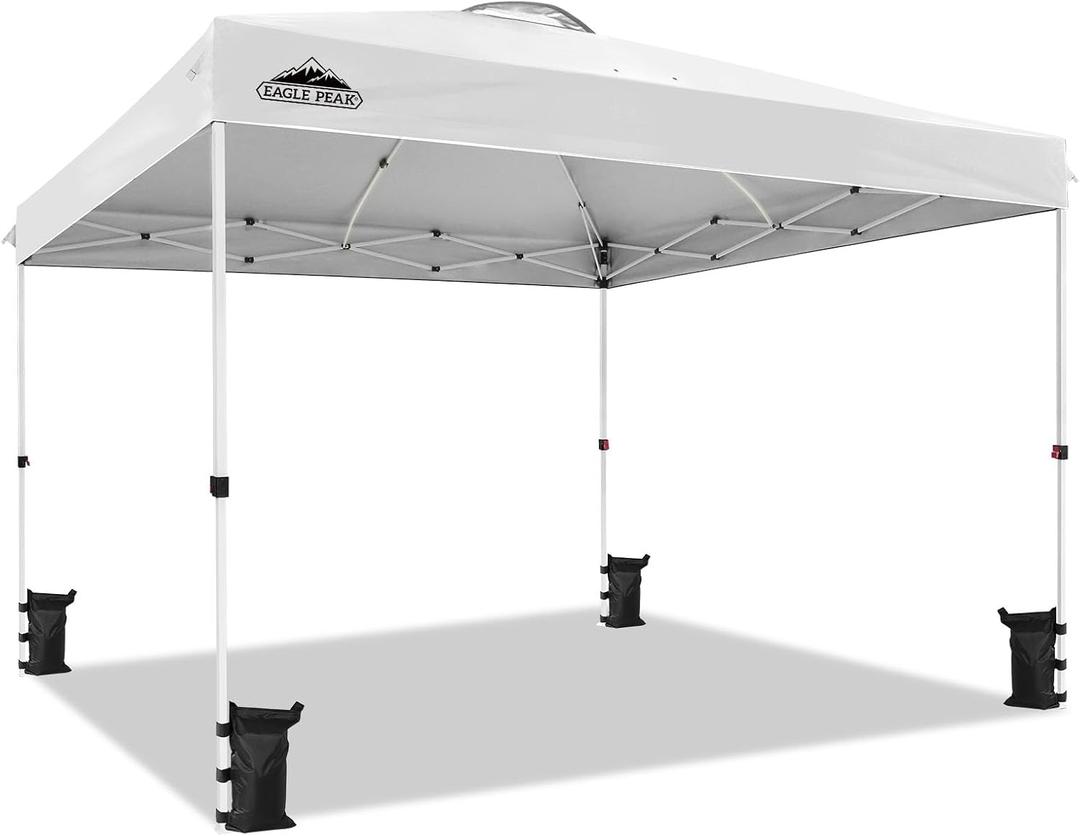 EAGLE PEAK Pop Up Canopy Tent with Wheeled Carry Bag, 8 Stakes, 4 Ropes, 4 Weight Bags, Easy Set Up Tent Canopy, 12x12 ft, 144sqft of Shade, White